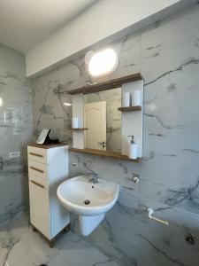 a bathroom with a white sink and a mirror at Twins in Suceava