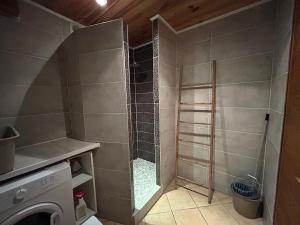La salle de bains est pourvue d'une douche avec une porte en verre. dans l'établissement maison 5 personnes au calme avec jardin et piscine, à Barbaggio