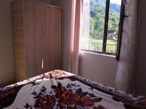 um quarto com uma cama e uma janela com um cobertor em Io's apartments 