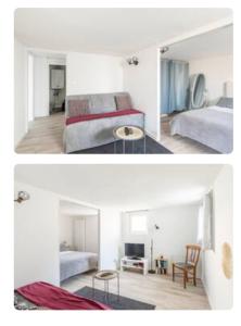 twee foto's van een kamer met twee bedden bij Appartement 200 m plage avec terrasse et jardin in Royan
