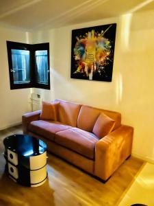a living room with a brown couch and a picture of an elephant at Appartement moderne vieille ville PARKING GRATUIT in Annecy