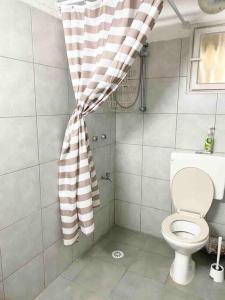 a bathroom with a toilet and a shower curtain at Прекрасная квартира на берегу Средиземного моря in Qiryat H̱ayyim