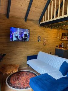 a living room with a couch and a tv on a wall at AYDER GÜVEN DAĞ EVİ in Çamlıhemşin