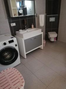 a bathroom with a washing machine and a washer at Villa ARDEN in Kartepe