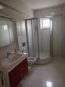 uma casa de banho com um chuveiro, um lavatório e um WC. em Villa ARDEN em Kartepe