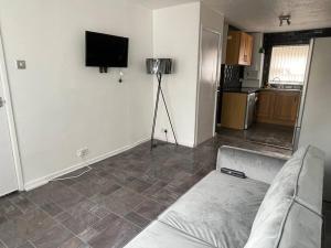 a living room with a couch and a flat screen tv at NEW! 4 Bedroom London House with Garden and Lawn in London