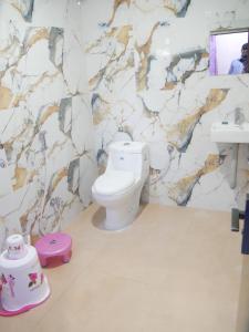 ein Bad mit einem WC und einer Steinmauer in der Unterkunft Vaidehi Inn-A Unit of vaidehi guest house in Deoghar