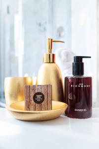 a sink with a soap dispenser and a bottle of soap at Landhaus Anita Dolomiten Kronplatz in Perca