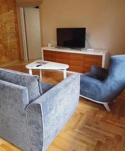 a living room with two blue chairs and a tv at Apartman KGC Stara Pazova in Stara Pazova