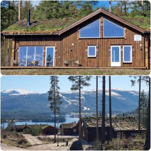 una casa de madera con techo de hierba en Holiday cabin in beautiful surroundings, en Vradal