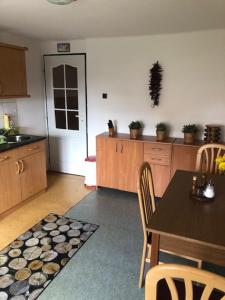 a kitchen with a table and chairs and a kitchen with a sink at Apartmán Skvělá Nálada in Všemyslice