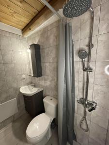 a bathroom with a toilet and a shower and a sink at Casa Marel in Vlikhádha