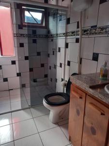 y baño con aseo y ducha acristalada. en Cabanas Observatório, en Urubici