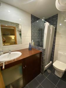 uma casa de banho com um lavatório, um chuveiro e um WC. em Coqueto apartamento centro VIGO con WIFI em Vigo
