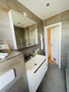 a bathroom with a white sink and a mirror at Juniorsuite-Apartment Weiden in Weiden