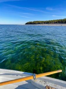 a boat with a paddle in the water at Wild Beach Spa in Kihelkonna