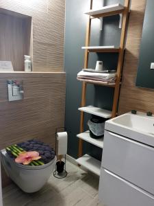 baño con lavabo y un bol de verduras en LE GÎTE DU CHEMIN ROUGE 
