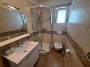 a bathroom with a shower and a sink and a toilet at Apartments Fran I in Baška