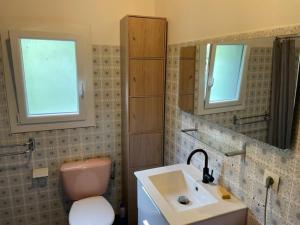 サン・マルタン・ヴェジュビーにあるChalet Airaudiのバスルーム(洗面台、トイレ、鏡付)