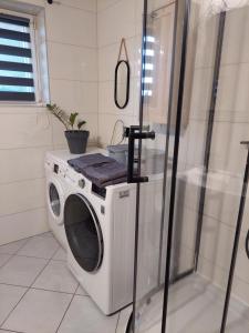 une machine à laver dans une salle de bain avec douche dans l'établissement Apartament Pod Bocianami, à Żelistrzewo