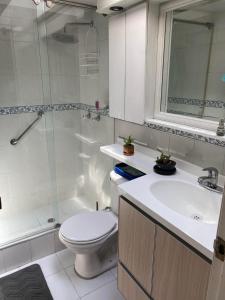 y baño con aseo, lavabo y ducha. en CHARLIE'S HOUSE en Bogotá