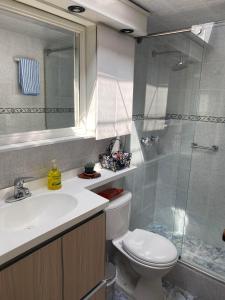 y baño con aseo, lavabo y ducha. en CHARLIE'S HOUSE, en Bogotá