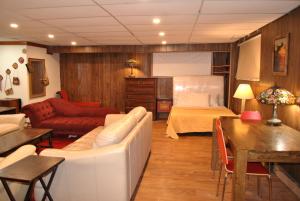 uma sala de estar com um sofá e uma cama em EWR AIRPORT Multilevel Guest House Room with 2-3 Beds em Newark