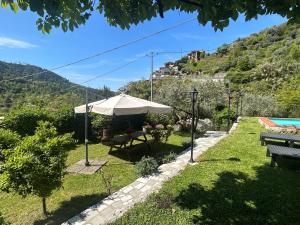 a garden with a table and an umbrella at La Nicchia di Franco in Montignoso