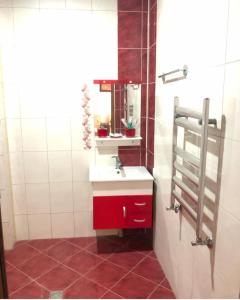 a bathroom with a red sink and a mirror at ECOHOTEL ''QIZIL Dere'' 