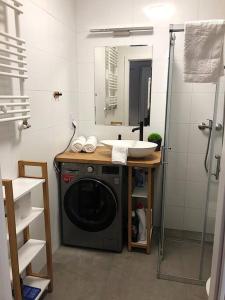 een badkamer met een wasmachine en een wastafel bij Apartimento Hydral Aria in Wrocław
