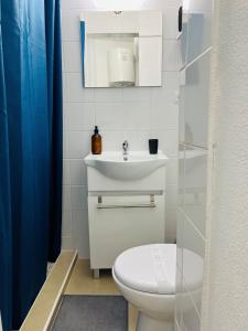 uma casa de banho com um WC branco e um lavatório. em Lagoa House - Casa típica Algarvia em Lagoa