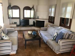 a living room with two couches and a coffee table at La Grande Maison,Lefokastro in Afissos
