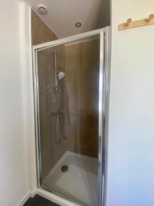 La salle de bains est pourvue d'une douche avec une porte en verre. dans l'établissement Maison des Grands Champs, à Saint-Aignan