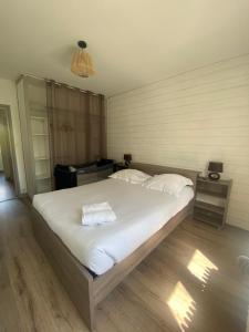 a large bed with two towels on it in a bedroom at Maison des Grands Champs in Saint-Aignan