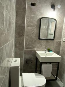 een badkamer met een toilet, een wastafel en een spiegel bij Lemon-Ada Butik Otel in Kuşadası