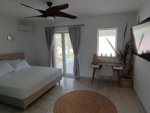 Schlafzimmer mit einem Bett, einem Schreibtisch und einem Deckenventilator in der Unterkunft Elia Small Paradise in Kos-Stadt