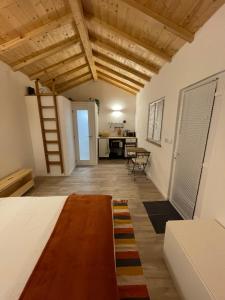 Großes Zimmer mit einem Bett und einer Küche. in der Unterkunft Casinha Rubiães in Paredes de Coura