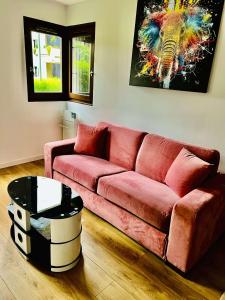 a living room with a red couch and an elephant painting at Appartement moderne vieille ville PARKING GRATUIT in Annecy