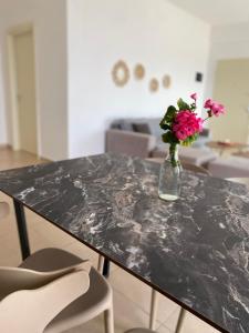 a vase with pink flowers sitting on a table at Dora's apartment in Dhërmi +29 photos