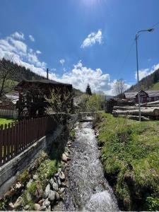 a stream of water in a field with a fence at Piscul Muntelui in Moieciu de Sus