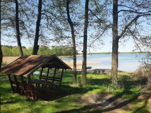 un refugio de picnic en la hierba junto a un lago en Dom pod Sosnami, en Narty