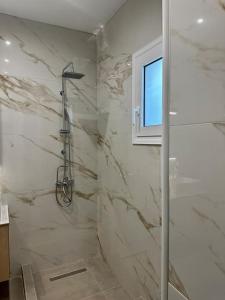uma casa de banho com um chuveiro e uma porta de vidro em Zouf house em Panayía Mesosporítissa