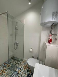 a bathroom with a toilet and a glass shower at Mini Condos® 30DL - Studio 2 minutes to waterfront in Tivat