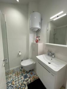 a bathroom with a toilet and a sink and a mirror at Mini Condos® 30DL - Studio 2 minutes to waterfront in Tivat