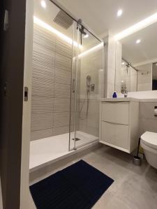a bathroom with a shower and a sink and a toilet at NEW-Studio Apartments in EuroCity-Large Pool-Rock or Sea Views-Balcony-Free Parking-Holiday and Short Let Apartments in Gibraltar in Gibraltar