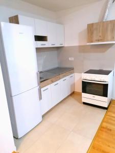 a kitchen with white cabinets and a white refrigerator at Apartment luxury Ub in Ub
