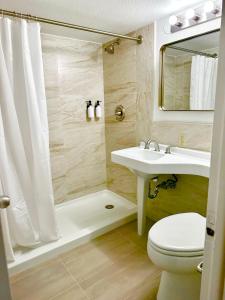 een badkamer met een toilet, een wastafel en een douche bij Inn of Sheboygan in Sheboygan