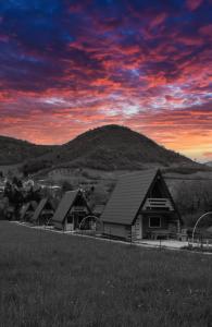 a group of houses with a mountain in the background at Pyramid Energy House in Visoko