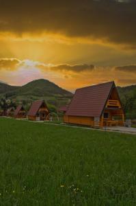 eine Gruppe von Holzhäusern auf einem Feld mit Rasenfläche in der Unterkunft Pyramid Energy House in Visoko