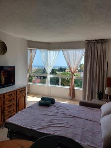 托雷莫利諾斯的住宿－Lovely apartment in Torremolinos Views of the sea, pool, terrace, sofa bed and fully equipped kitchen，一间卧室设有一张大床和一个大窗户